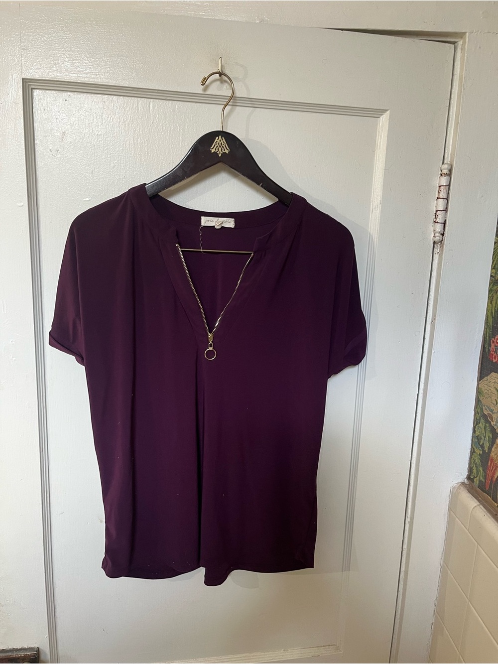 Joie De Vivre Deep Purple Quarter Zip Short Sleeve Blouse Top Size Large EUC
